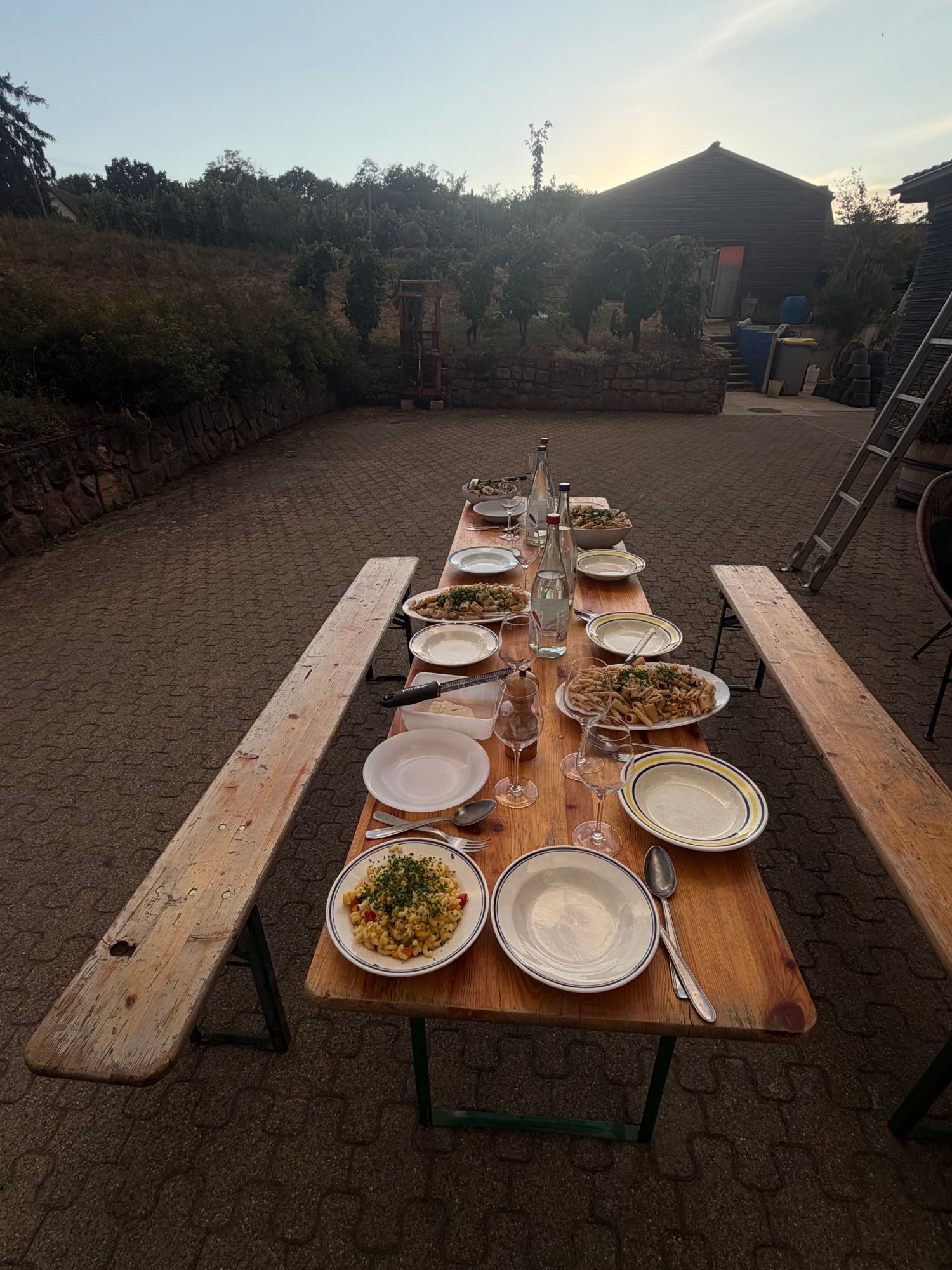 The team's table set at dusk